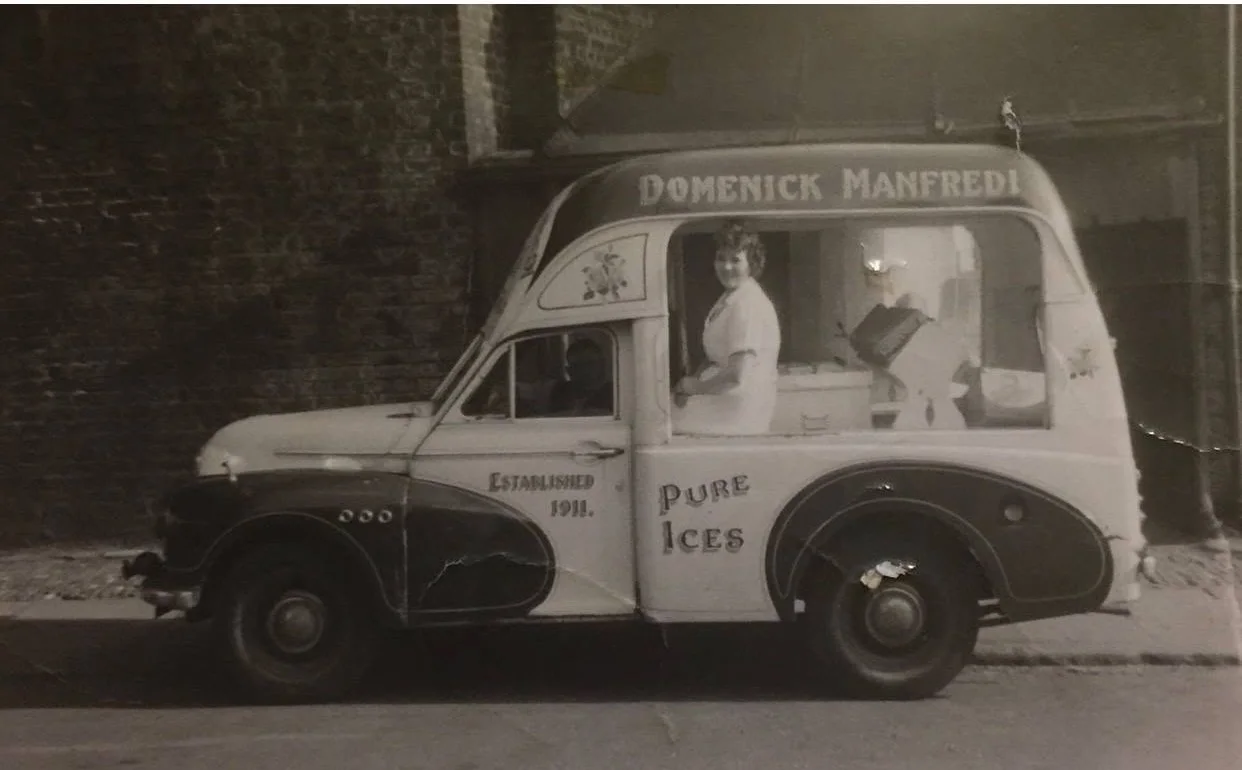 Vintage black and white photograph of the original Manfredi family Pure Ices delivery van, established 1911